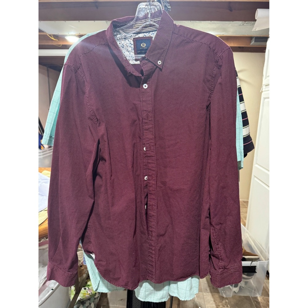 Ricky Singh Mens Slim Fit Button Down Shirt Burgundy Micro Dot Long Sleeve Large
